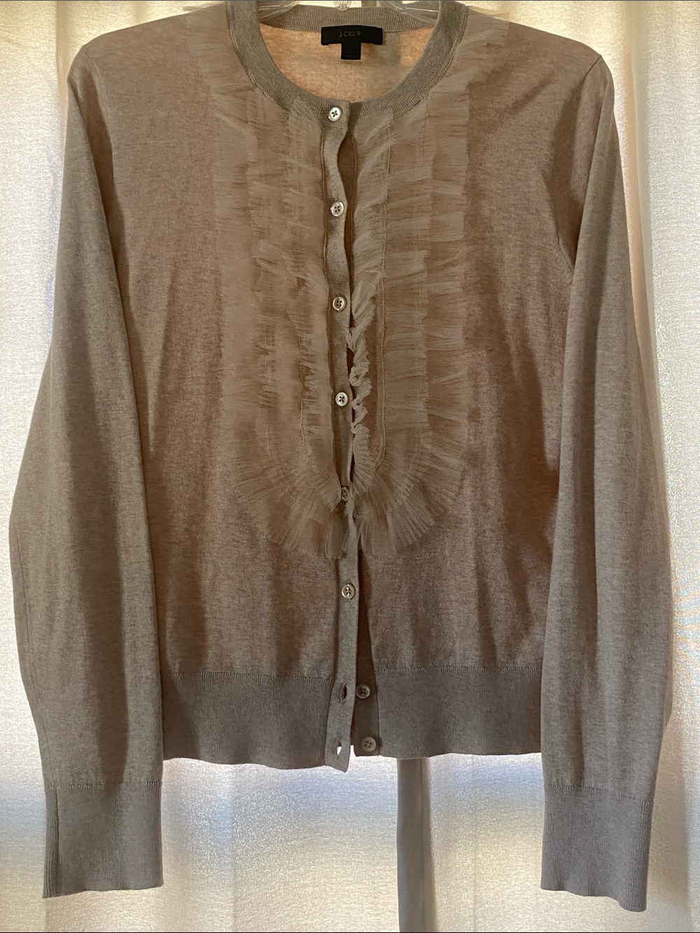 J. Crew Beige tulle Ruffle-Front Lightweight Cardigan